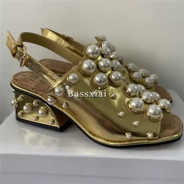Sandales de luxe en cuir véritable pour femmes, chaussures de soirée à talons ajourés uniques, embellissement de perles, été