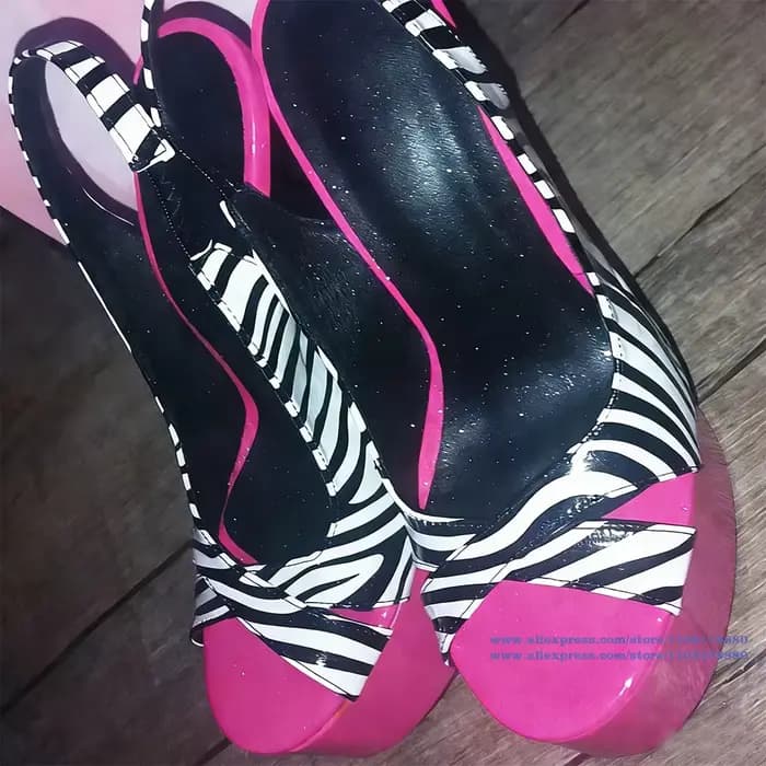 Chaussures à talons hauts à plateforme à imprimé zèbre rose vif pour femmes