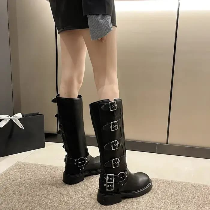 Femme bottes genou haute plate-forme élégante talon bas tendance Punk gothique New Rock cuir mode chaussures pour femmes