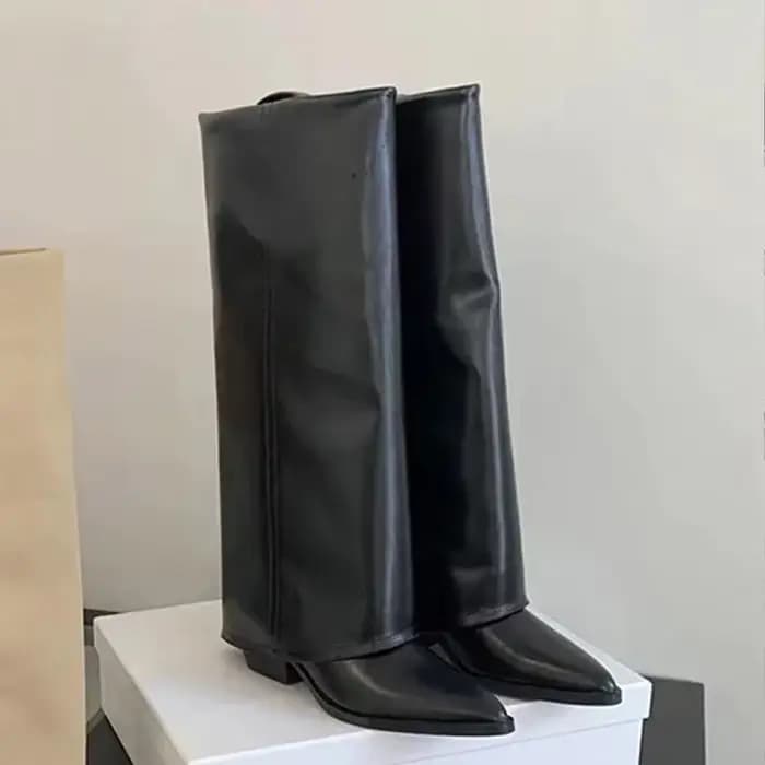Femmes bottes genou talons hauts en cuir grosses chaussures de mode bout pointu neige