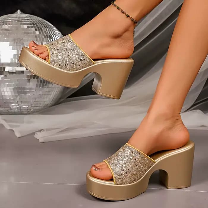 Sandales à talons hauts dorés à paillettes brillantes pour femmes, pantoufles d'extérieur à plateforme épaisse, grande taille 43, été 2026