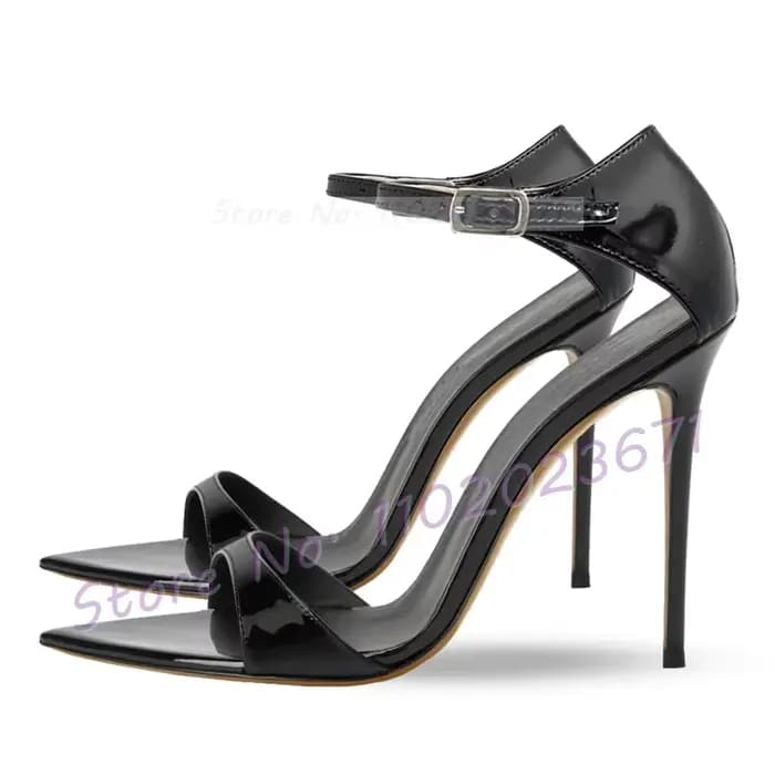 Sandales à lanières avant pointues pour femmes, cuir verni noir, talon aiguille, chaussures de bureau sexy, talon couvert de luxe, sandales à la mode pour dames