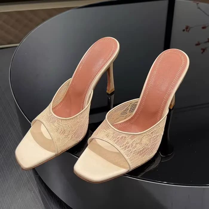 2025 nouveaux talons hauts pantoufles femmes maille dentelle carré Peep orteil