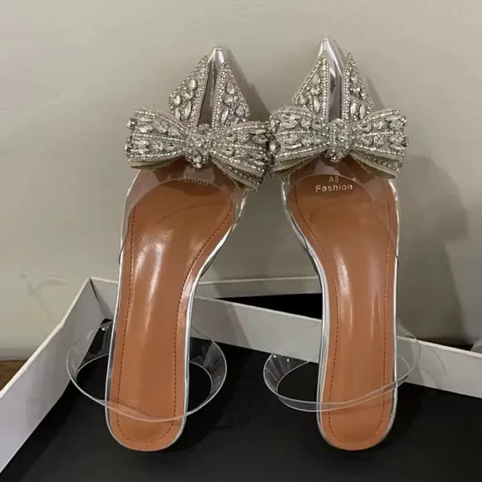Liyke 2026 printemps Sexy Slingback chaussures femmes Mules sandales mode cristal diamant nœud papillon bout pointu talons transparents pompes