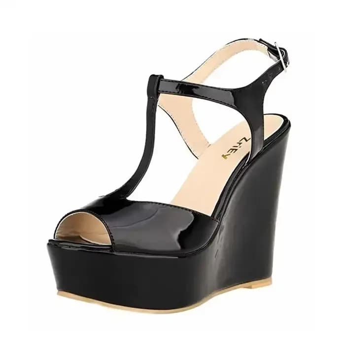 Sandales compensées pour femmes 2026 Nouveauté été 14cm Bout ouvert Sexy Bride cheville Talons hauts en cuir verni Plateforme Pumps Chaussures de soirée Mariage