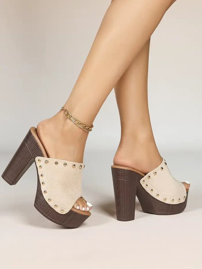 Sandales à talon carré pour femmes, à enfiler, à bout ouvert, avec rivets, plateforme, chaussures d'été à talon haut, sandales à semelle épaisse pour femmes