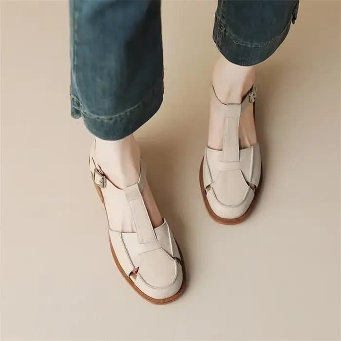 Sandales d'été 2023 en cuir de vachette à bout rond pour femme