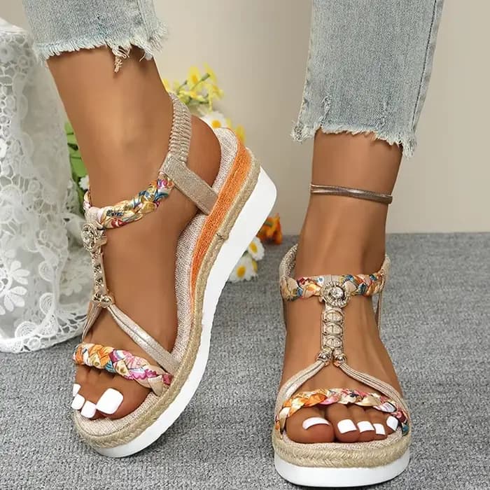 Mode t-strap plate-forme sandales pour femmes nouveau mélange de couleurs bande élastique