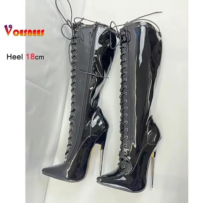 Noir 18 cm talon en métal genou haute femmes bottes boîte de nuit scène bout pointu pôle chaussures de danse en cuir verni dame talons couleur personnalisée