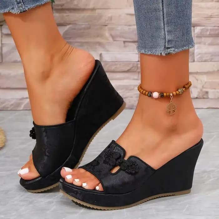 Mules pour femmes à bout ouvert, à enfiler, à talon compensé haut, plateforme, avec appliques nouées et découpes, dessus texturé, chaussures décontractées pour le quotidien