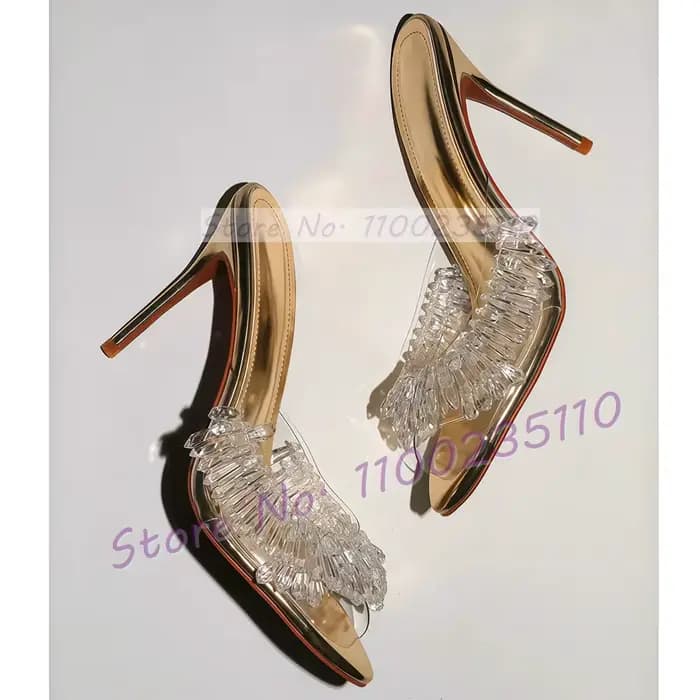 Pantoufles métalliques dorées en cristal clair pour femmes, pendentif scintillant, lustre à talons hauts, Mules Sexy pour dames, chaussures de fête peu profondes
