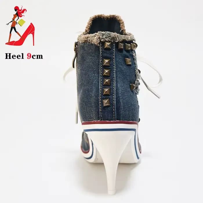 Denim femmes bottes Design Stiletto 9CM chaussures à talons hauts mode dame à lacets pointu bottines Sexy à talons hauts chaussures à talons fins