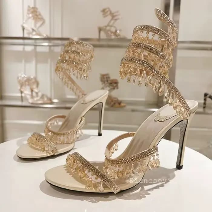 Chaussures de mariage femmes Bling cristal chaîne perle décor Sandalias serpent en forme d'enroulement mince talons