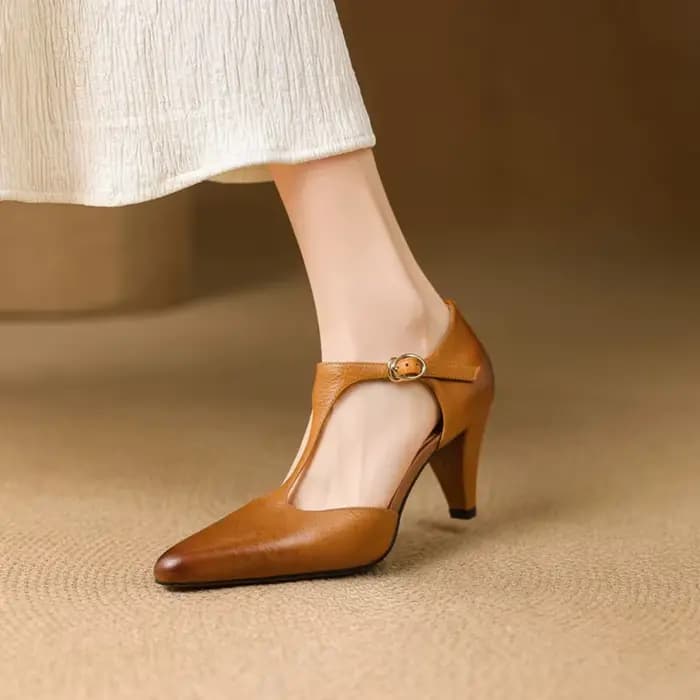 Sandales d'été en cuir véritable pour femmes, chaussures à bout pointu et à talons hauts, sandales à lanières en T, couvre-orteils, nouvelle collection