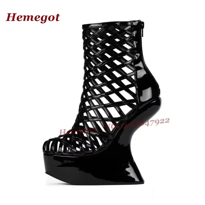 Sandales noires vernies à plateforme et talons hauts, style original, avec fermeture éclair arrière, pour femme, chaussures de soirée brillantes de luxe