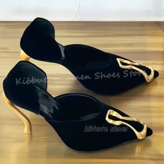 Escarpins à décor en métal en daim à enfiler, couleur unie, mode élégante, confortable, Sexy, chaussures de luxe pour femmes, nouvelles chaussures à bout pointu, talons étranges