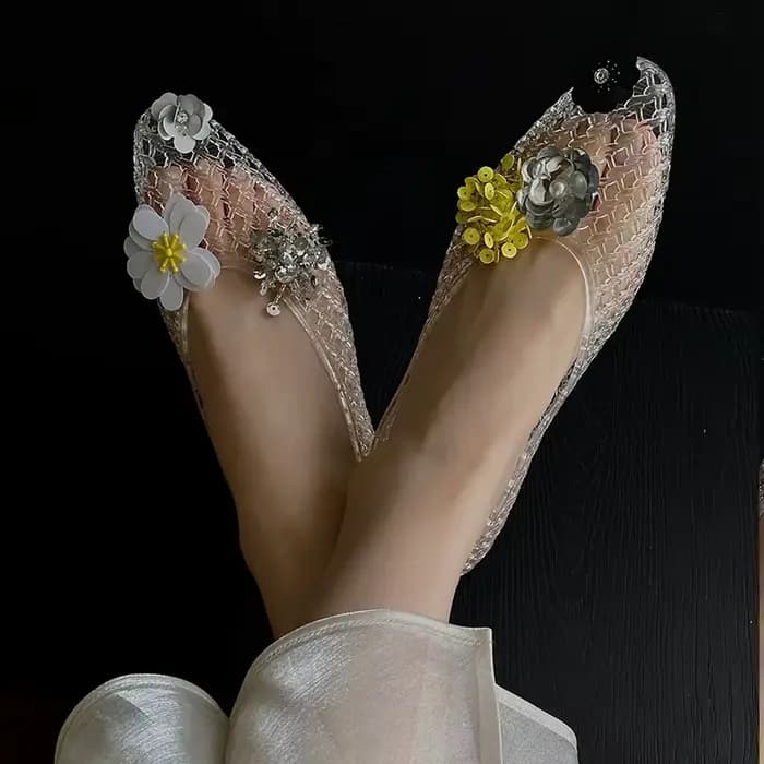 Sandales à bout pointu en gelée de cristal, décorations DIY, chaussures plates ajourées à fleurs séchées et paillettes, mode décontractée pour la plage et les vacances