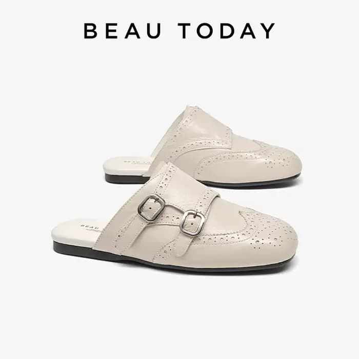 BEAUTODAY – mules rétro pour femmes, pantoufles en cuir de mouton avec sangle à boucle, pantoufles à bout rond, chaussures d'extérieur pour dames, 36394