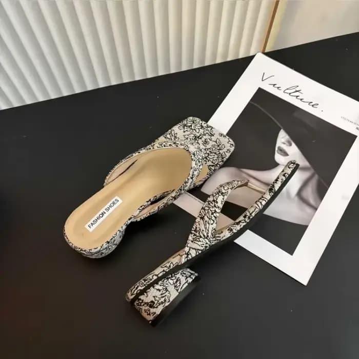 Sandales à talons chaton vintage françaises à motif floral pour femme, élégantes, à bout carré, chic, tendance, pour l'été