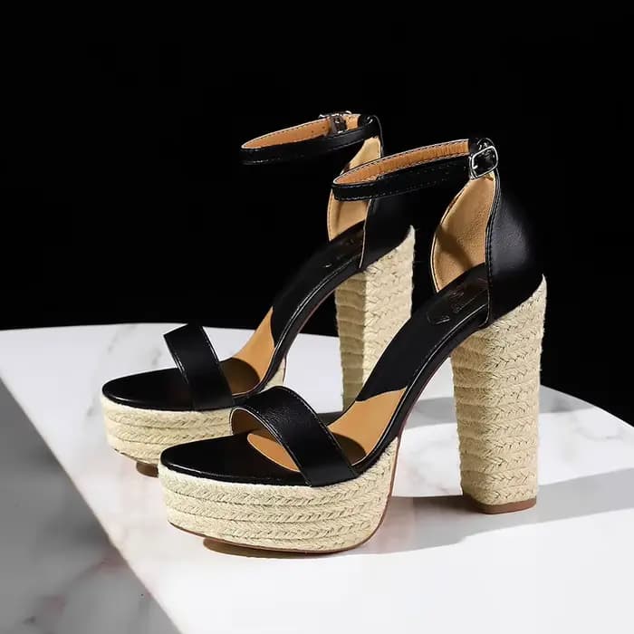 Sandales à talons hauts en corde tissée de style rétro pour femmes