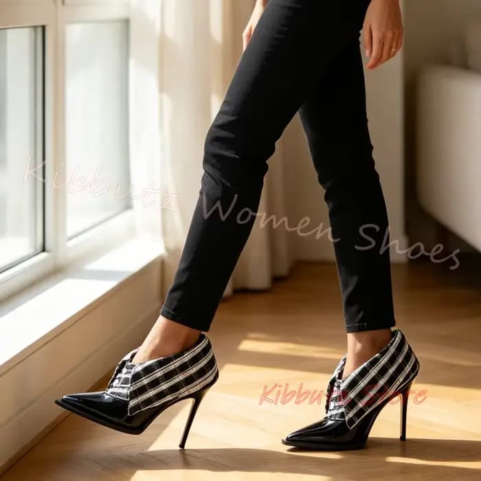Escarpins Gingham pour femme, style vintage, col asymétrique, bout pointu, talon aiguille fin, à enfiler, élégants pour soirée, en cuir, nouveauté