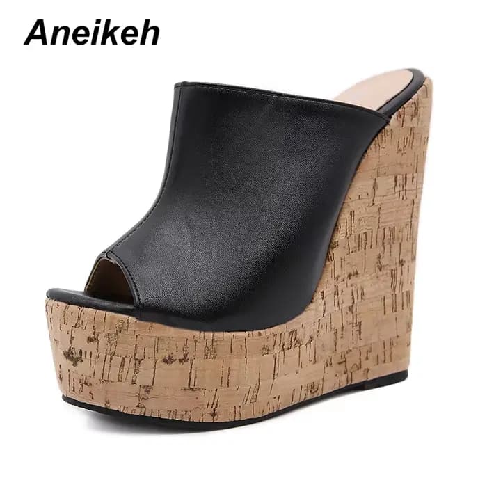 Aneikeh noir plate-forme sandales à talons compensés pantoufles 2025 été mode Peep orteil Super haute hauteur Sexy sandale Mules zapatillas mujer