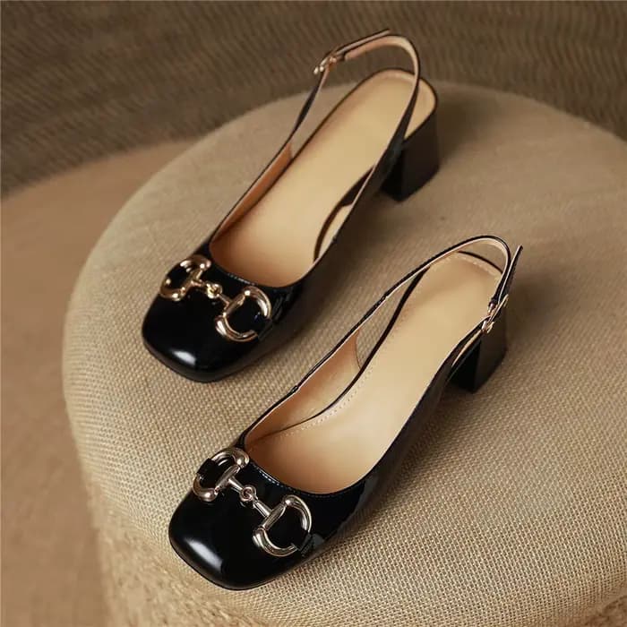 MIYA classique boucle en métal femmes en cuir verni pompes bout rond talons épais sans lacet grande taille 34-43
