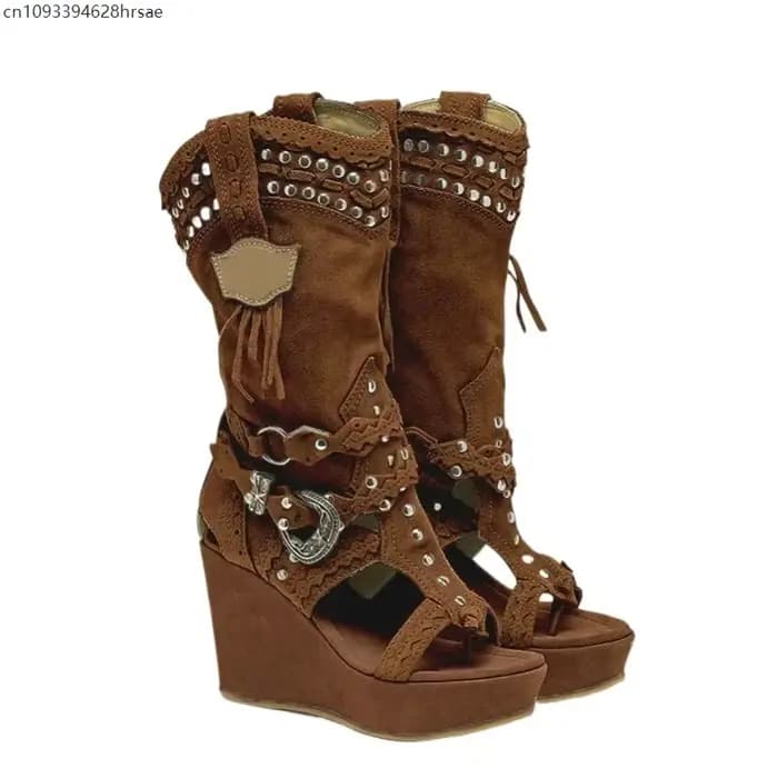 Sandales rétro pour femmes, marron, élégantes, à talon compensé moyen, style gothique, à boucle, bout ouvert, chaussures à talons hauts, bottes de fête et de cosplay