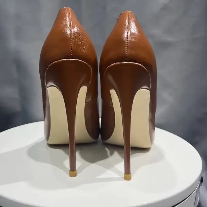 Premium élégant femmes Sexy 12 cm OL bureau robe de soirée pompes dame bout pointu talons aiguilles mat marron cuir