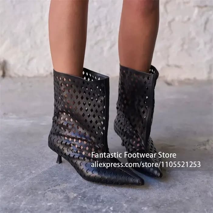 Bottines à bout pointu et découpes, sandales à talons aiguilles sculptés, bottines à enfiler faites à la main, bottes d'été tendance, talons hauts pour femmes