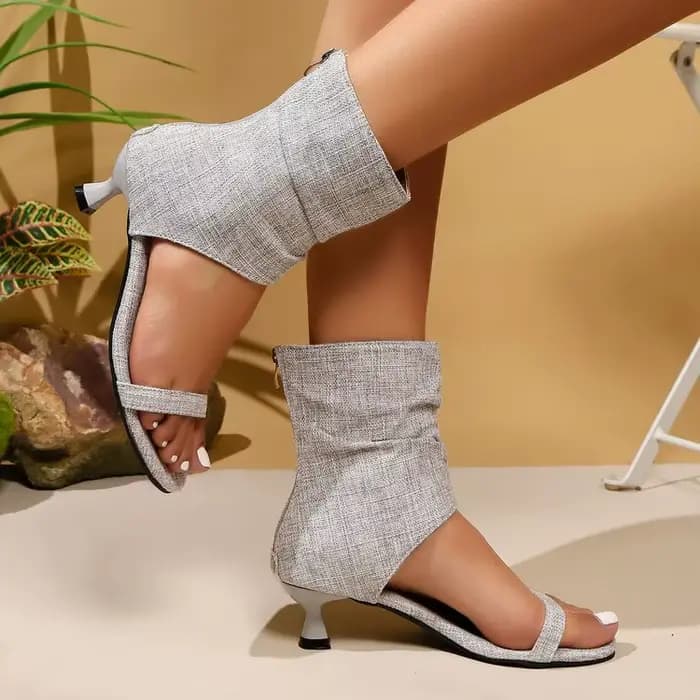 Sandales à talon chaton en lin pour femmes, bottines froncées à la cheville, chaussures décontractées d'été à bout ouvert pour dames