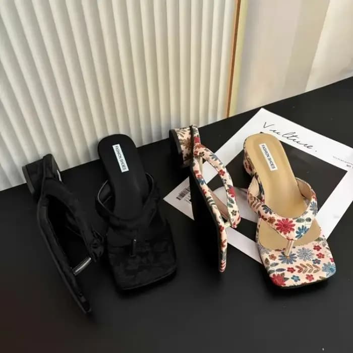 Sandales à talons chaton vintage françaises à motif floral pour femme, élégantes, à bout carré, chic, tendance, pour l'été