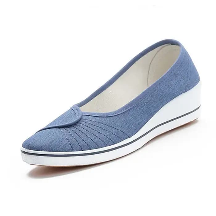 Chaussures en toile à talon incliné pour femmes, chaussures de travail décontractées, bouche peu profonde, semelle souple, anti-odeur, respirant, grill, bleu denim