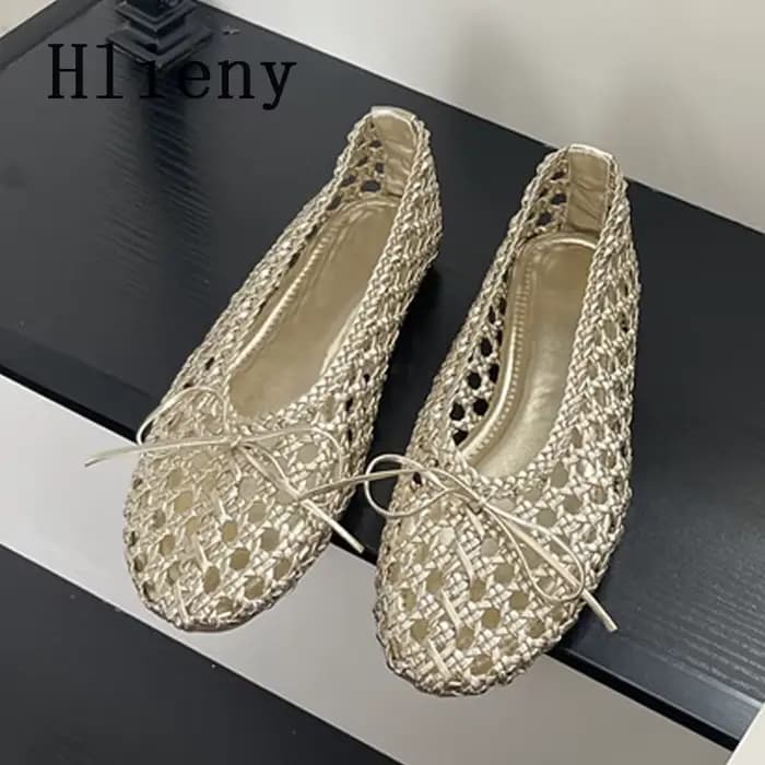 Hlieny tissé à la main maille talons plats femmes mocassins mode papillon noeud bout rond décontracté dames chaussures en plein air robe sandales
