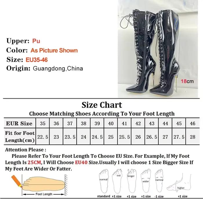 Noir 18 cm talon en métal genou haute femmes bottes boîte de nuit scène bout pointu pôle chaussures de danse en cuir verni dame talons couleur personnalisée
