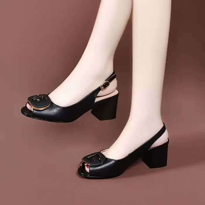 Sandales d'été à Talon Bloc pour Femmes Escarpins Élégants à Bout Ouvert Slingback Chaussures de Bureau à Gros Boucle