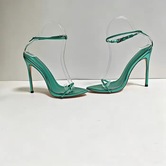 Sandales à talons aiguilles vert métallisé pour femme avec bride cheville