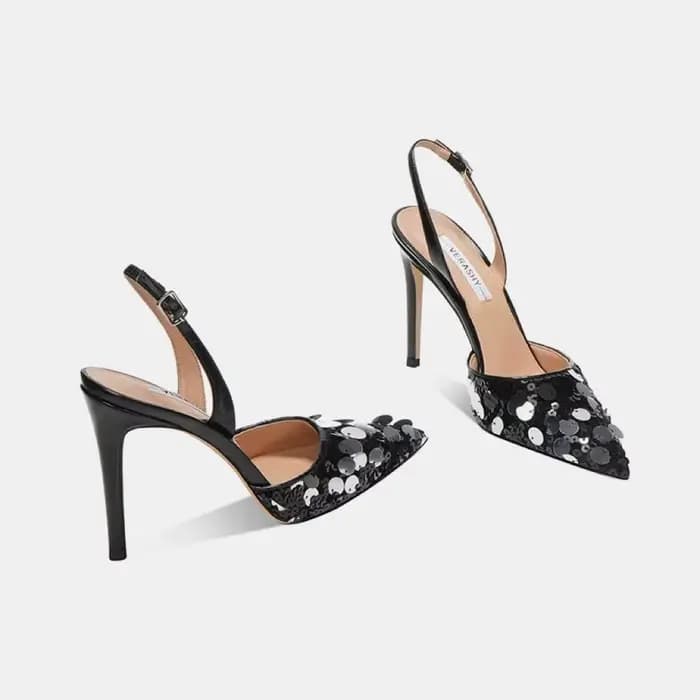 Chaussures rouges à talons hauts pour femmes, nouveau Style avec bouton unique, sangle arrière, paillettes, talon fin, sandales noires pointues de 10cm