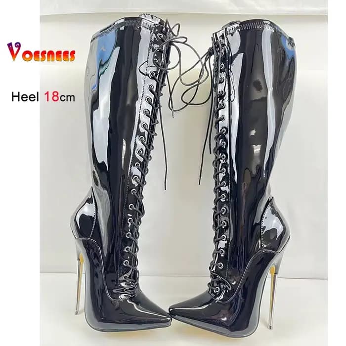 Noir 18 cm talon en métal genou haute femmes bottes boîte de nuit scène bout pointu pôle chaussures de danse en cuir verni dame talons couleur personnalisée