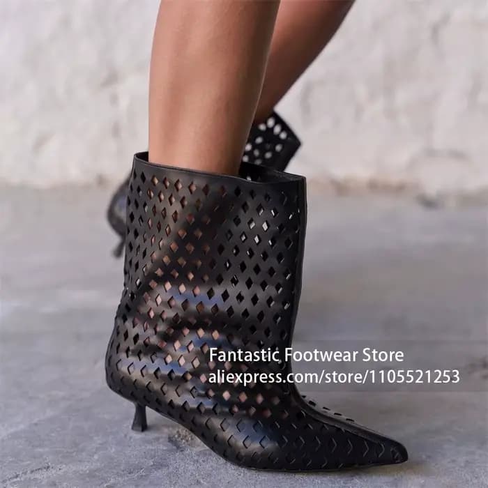 Bottines à bout pointu et découpes, sandales à talons aiguilles sculptés, bottines à enfiler faites à la main, bottes d'été tendance, talons hauts pour femmes