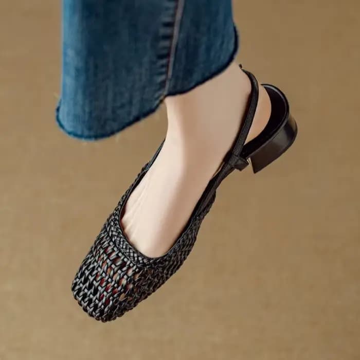 Sandales françaises à talons hauts tissés à bout carré