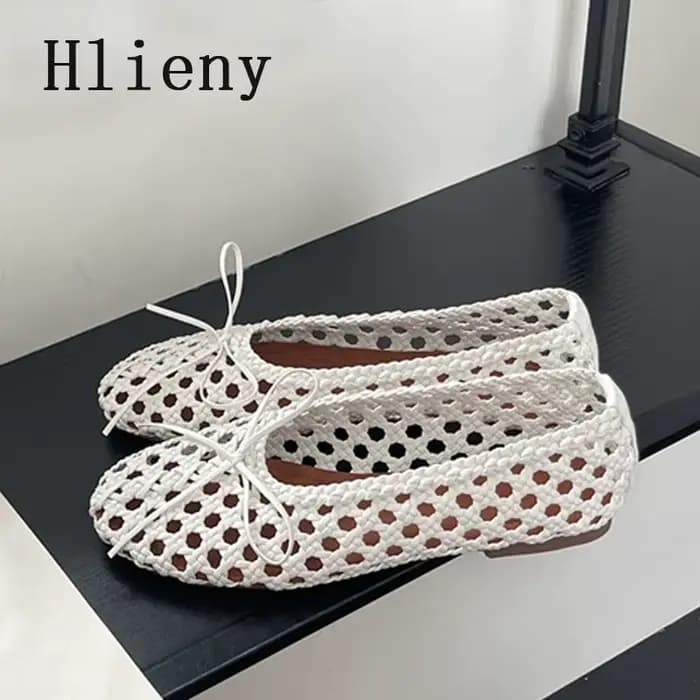 Hlieny tissé à la main maille talons plats femmes mocassins mode papillon noeud bout rond décontracté dames chaussures en plein air robe sandales