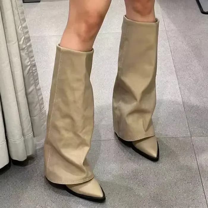 Femmes bottes genou talons hauts en cuir grosses chaussures de mode bout pointu neige
