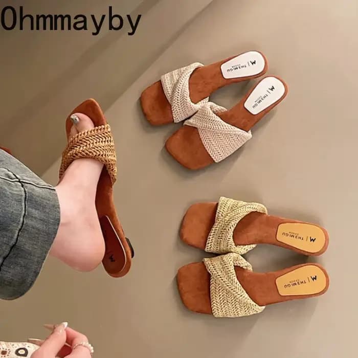 Sandales d'été tissées pour femmes, talons compensés de créateur, chaussures élégantes à bout ouvert pour banquets, soirées, plage et vacances