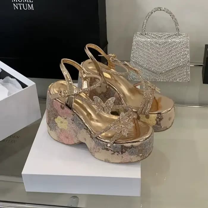 13cm Sandales à talons compensés Femme paillettes talon plate-forme chaussures été nœud ceinture