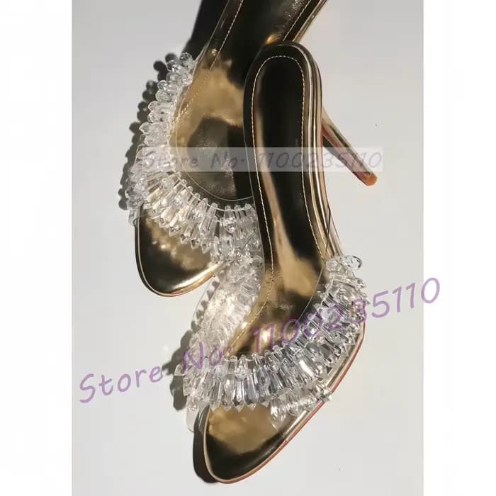 Pantoufles métalliques dorées en cristal clair pour femmes, pendentif scintillant, lustre à talons hauts, Mules Sexy pour dames, chaussures de fête peu profondes