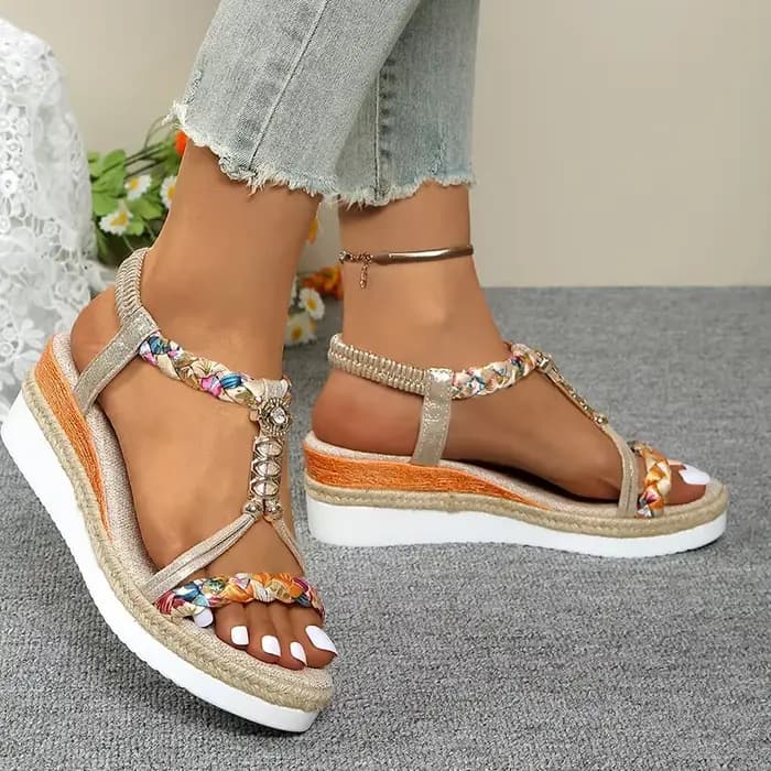 Mode t-strap plate-forme sandales pour femmes nouveau mélange de couleurs bande élastique
