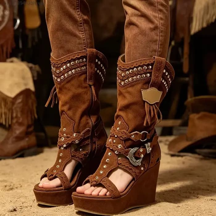 Sandales rétro pour femmes, marron, élégantes, à talon compensé moyen, style gothique, à boucle, bout ouvert, chaussures à talons hauts, bottes de fête et de cosplay