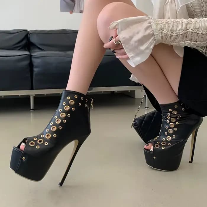 Eilyken Nouveau Design Sandales Femme à Plateforme en Métal Creux Peep Toe Talons Aiguilles Sexy Chaussures