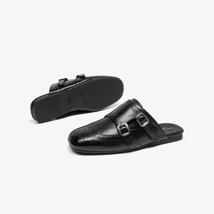 BEAUTODAY – mules rétro pour femmes, pantoufles en cuir de mouton avec sangle à boucle, pantoufles à bout rond, chaussures d'extérieur pour dames, 36394